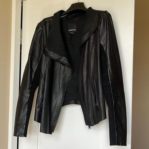 Trouvé Black Soft Leather Moto Jacket w/ raw hem, zipper pocket detail, Size XS